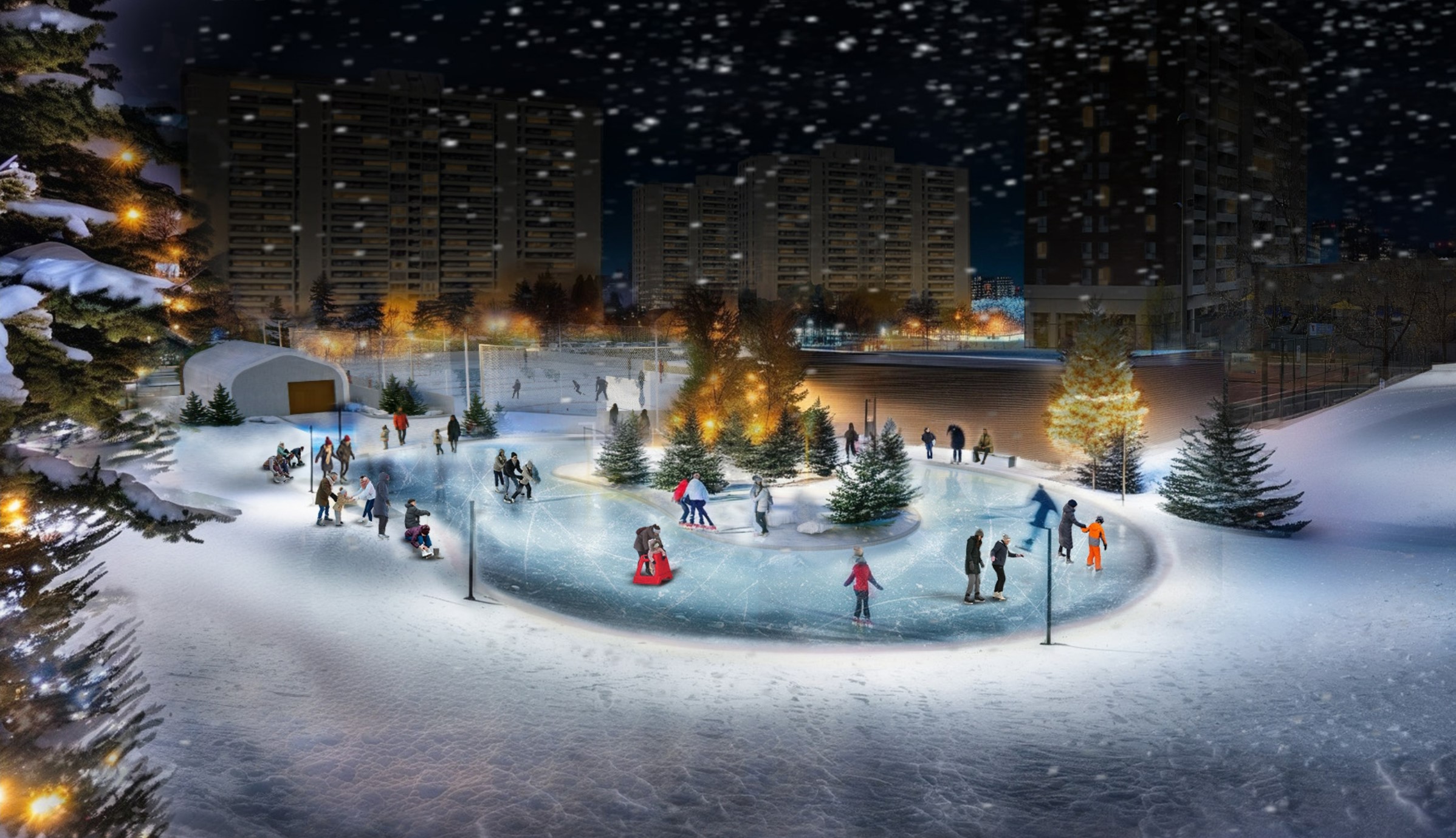 A rendering of the skate trail at night, looking west towards the Zamboni garage and ice rink. Groups of people are shown skating along the ice trail, which loops around a small landscaped area with trees. Around the trail are benches and light poles. More trees and tall residential buildings are visible in the background.