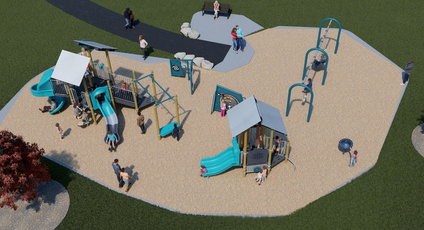 Rendering of playground Option A showing from left to right: the senior play structure, a junior structure, play panels in the background, and a swingset.