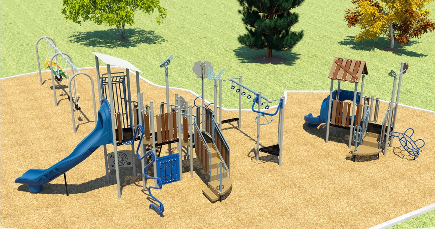 Rendering of Playground Option D showing from left to right: swingset, large senior play structure, and medium junior play structure.