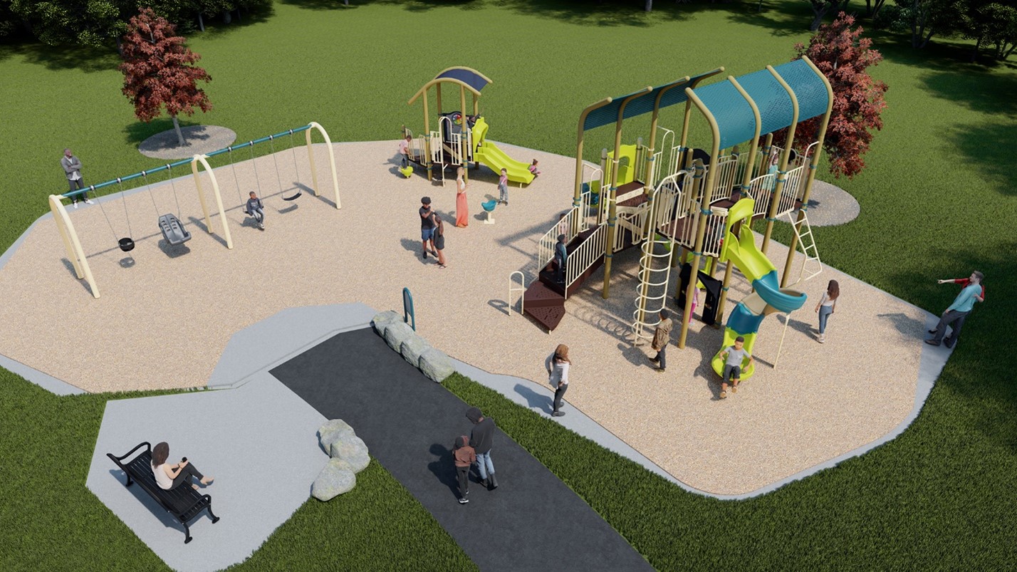 Rendering of playground Option C showing from left to right: a swingset, a small junior play structure, a large all-ages play structure with two slides.