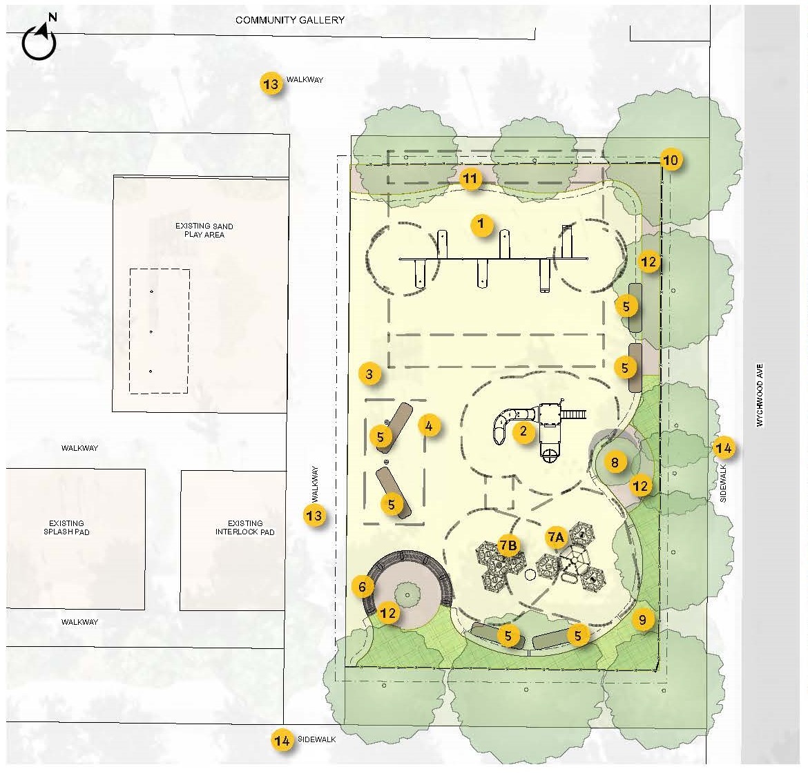 The final design for the new Wychwood Barns Park playground, showing the playground improvements with numbered labels that correspond to the features listed below. Surrounded by trees on three sides, the rectangular playground area is bordered by Wychwood Avenue to the east, walkways to the north and west, and a sidewalk to the south. The swing set is located near the north walkway, with the play structure in the centre of the area and the circular bench and playcubes climbers near the sidewalk. Seating logs are placed around the playground.