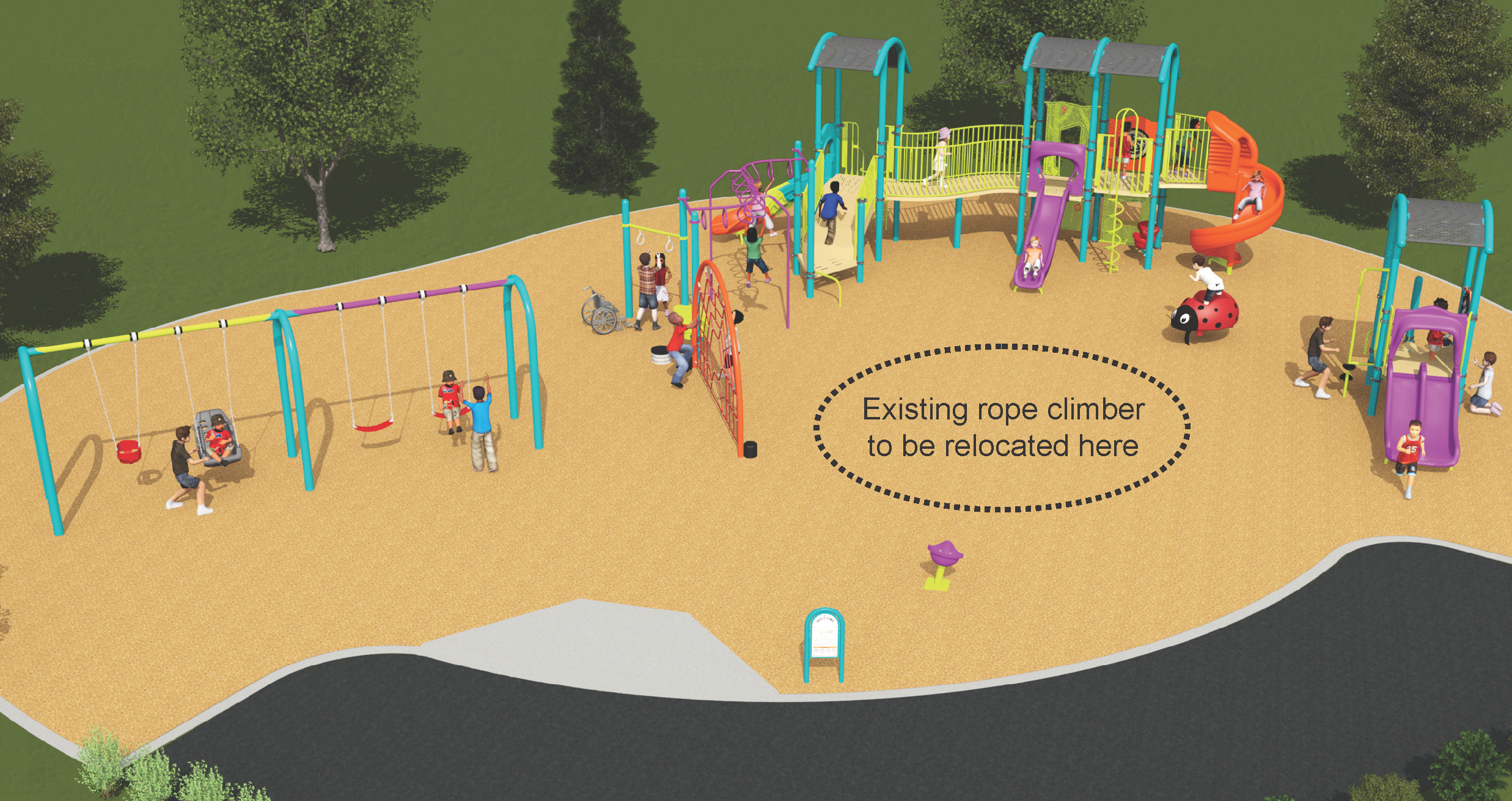 The final play equipment design for the new Hillside Park playground, which has been refined based on community feedback. It will be light blue, orange, yellow and lavender and include the play features listed below.