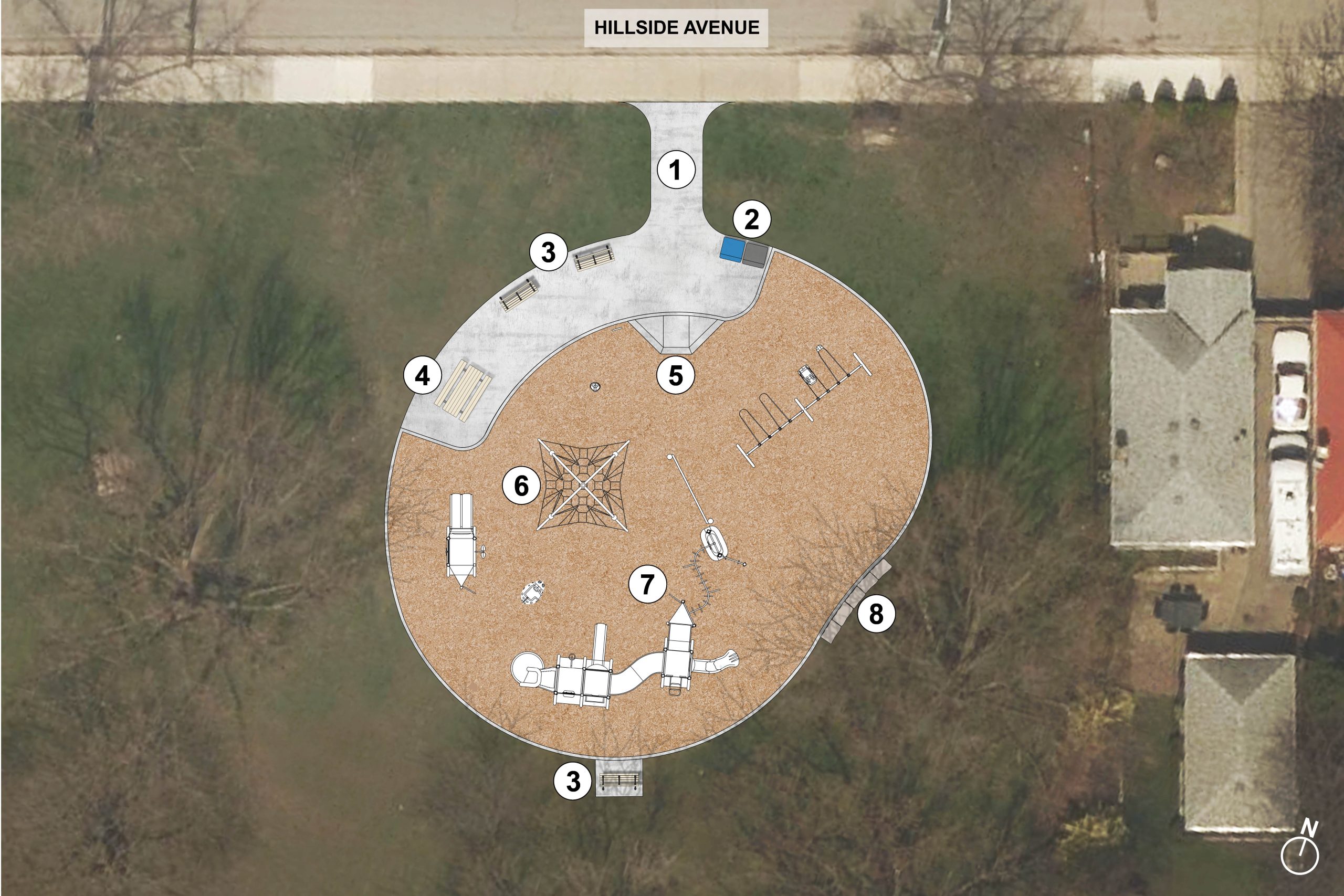 Illustrated plan of new playground area design. Includes a walkway connecting the sidewalk at Hillside Avenue to the new play area. A seating area to the north and west of the play pit and additional features listed below.