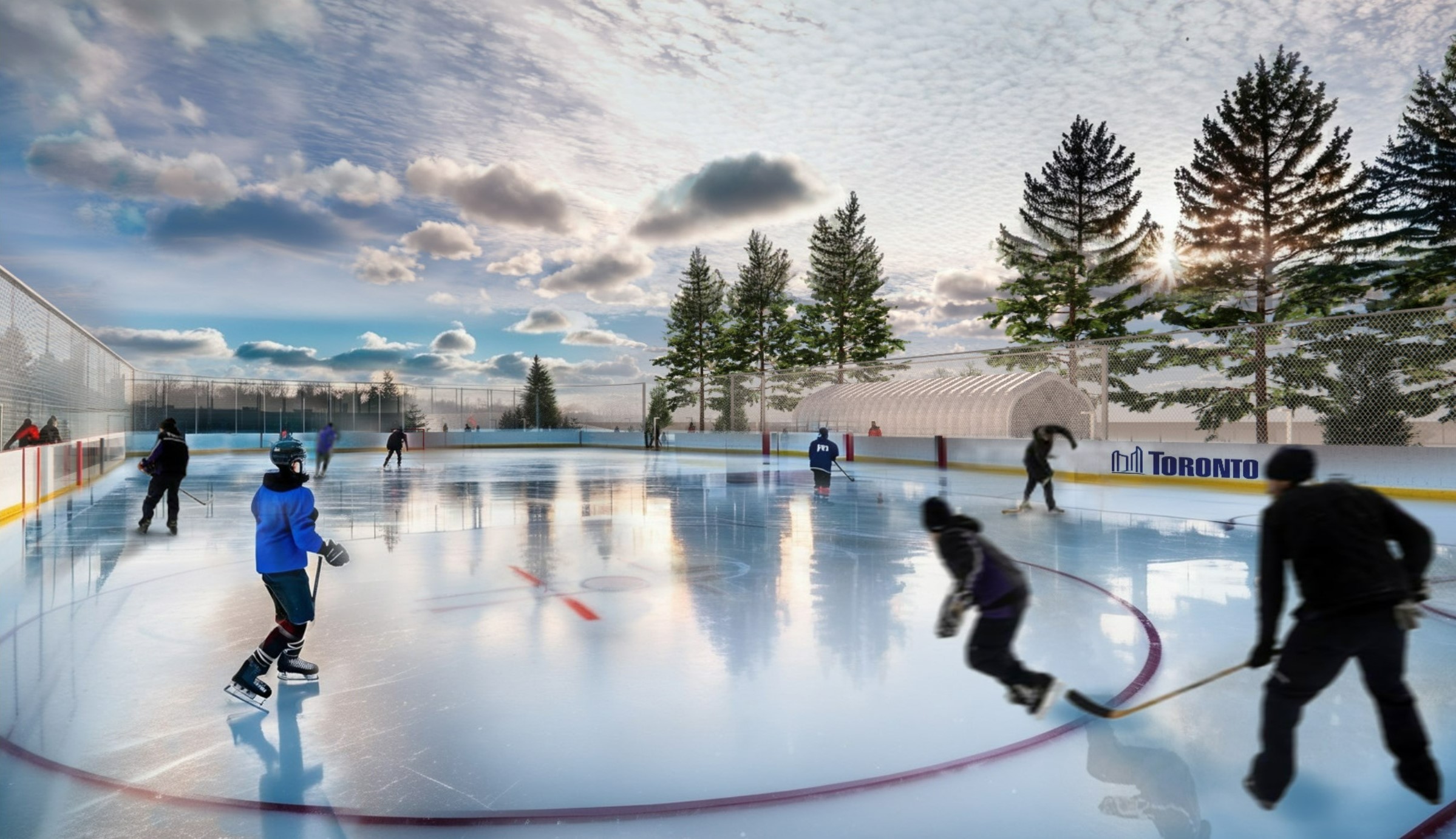 A rendering of the outdoor ice rink on a partly cloudy day, looking east. People are shown playing hockey on the ice surface, which has red hockey markings. Dasher boards and chain fencing surround the rink, with trees bordering the area.