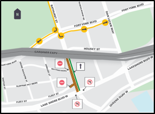 Map of where streetcar track replacement work will take place north along Bathurst Street and through north side of the intersection will be replaced. For more information please contact Mark De Miglio at 416 395 7178 or email bathurstlakeshore@toronto.ca