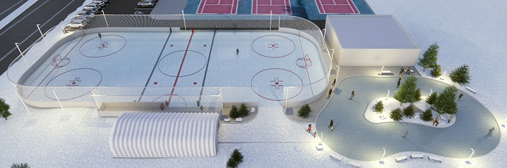 An aerial rendering of the outdoor ice rink, located near a road, and the skate trail, located right of the rink. The rink has hockey markings on its surface and is surrounded by dasher boards, fencing and light poles. The oval-shaped skate trail loops around a small landscaped area with trees in the centre. Lighting and benches are placed around the perimeter. Facilities are located on two sides of the rink, one directly below and one near the skate trail. A parking lot and tennis courts are visible in the background.