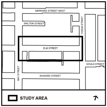 Map with boundary of study area including Elm Street within the block between Yonge Street and Bay Street. 