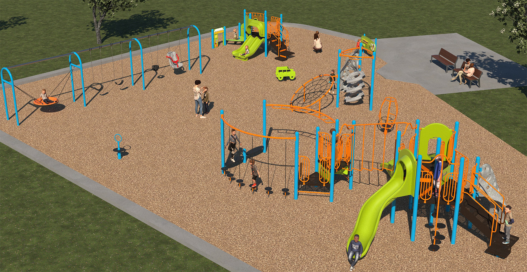 The final design for the new Cruikshank Park playground, which has been refined based on community feedback. It will be orange, blue and green and include the play features listed below.