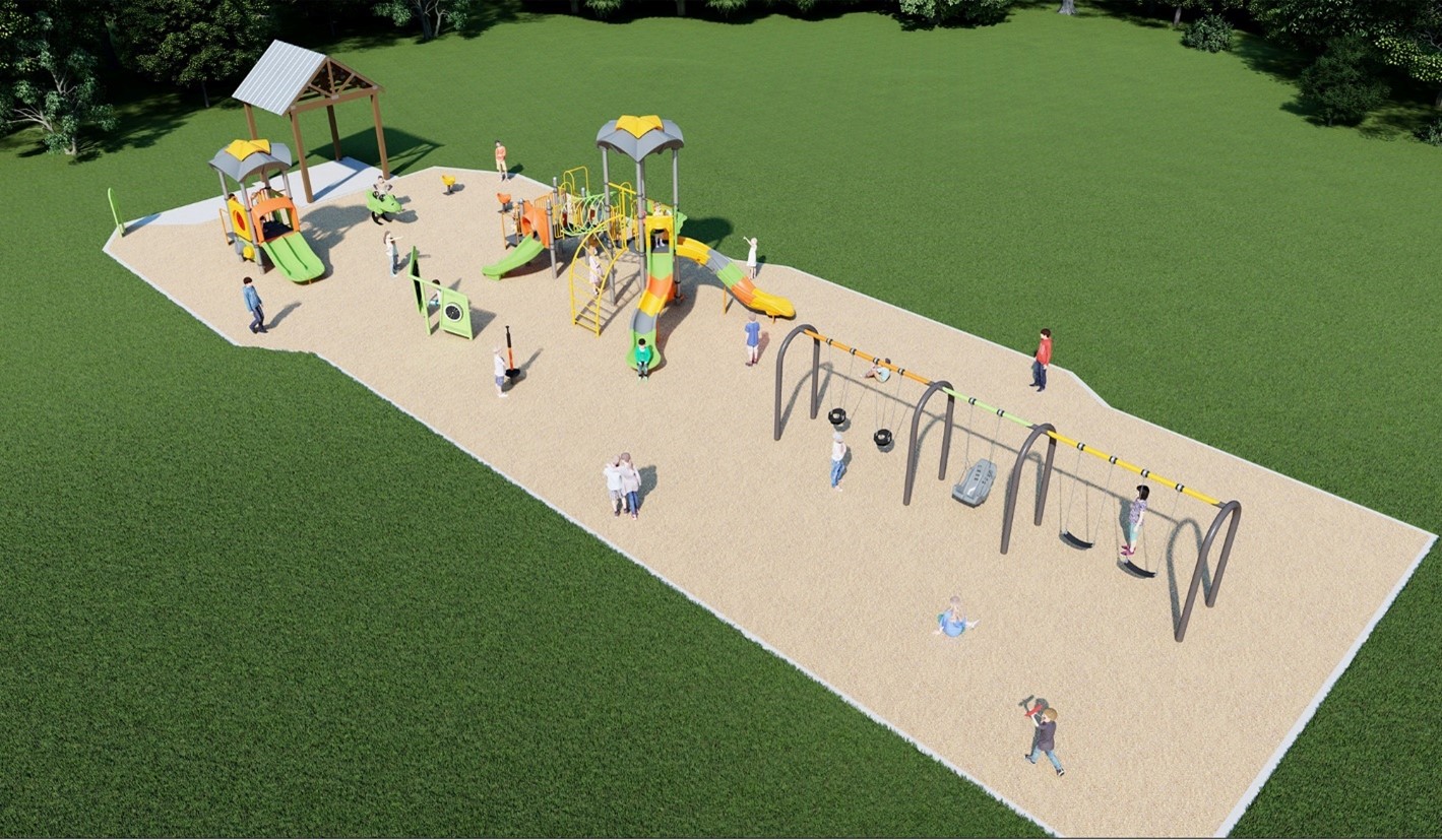 Aerial view of playground Option C showing from left to right: junior play structure, play panels, senior play structure, and swing set.