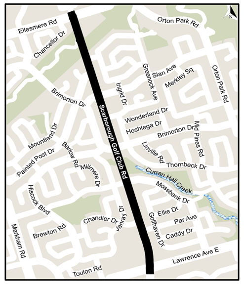 Map of Work Area along Scarborough Golf Club Road between Lawrence Avenue East and Ellesmere Road