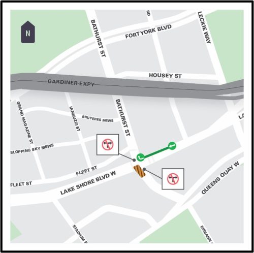 Map of where streetcar track replacement will occur that runs south along Bathurst Street and through the south side of the intersection of Lake Shore Boulevard will be replaced. For more information please contact Mark De Miglio at 416 395 7178 or email bathurstlakeshore@toronto.ca