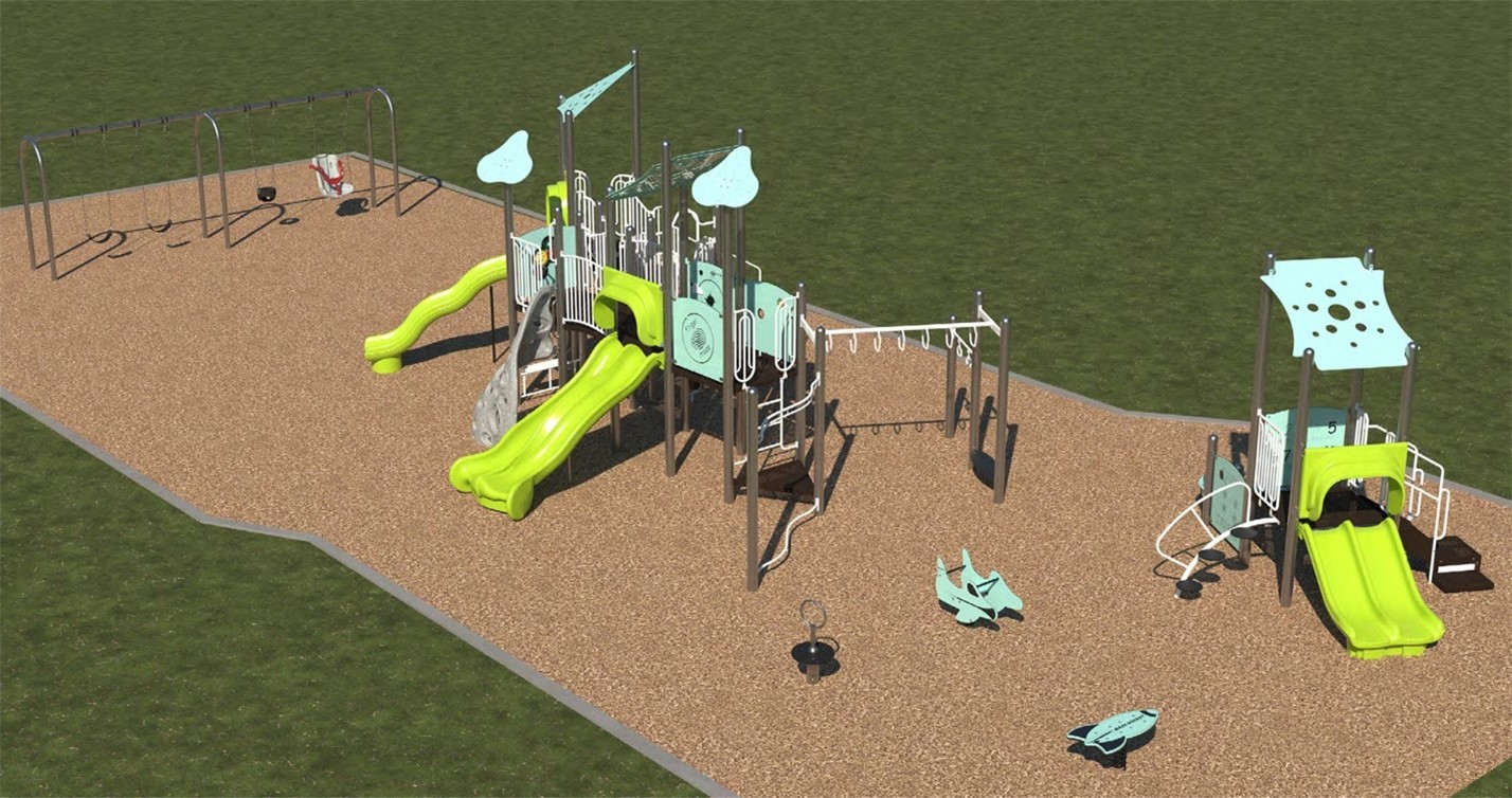 Aerial view of playground option B showing from left to right: swingset, large senior play structure, various stand-alone motion toys, small junior play structure.