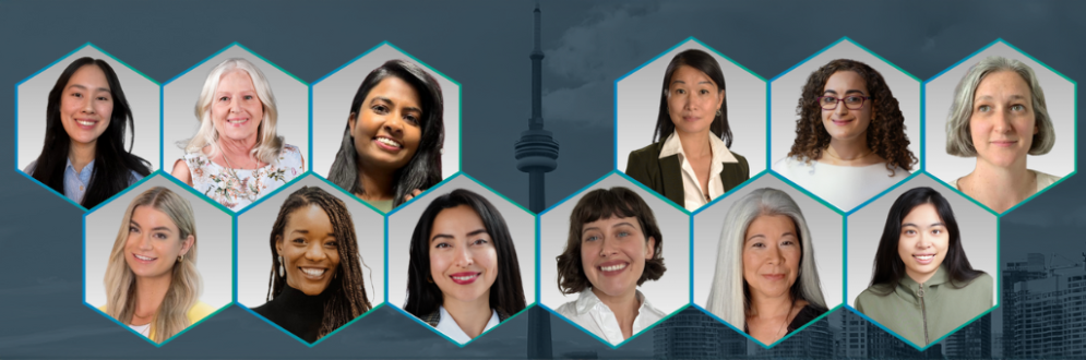 Women4ClimateTO program participants in a honeycomb design in front of a blue transparent background of the City of Toronto.