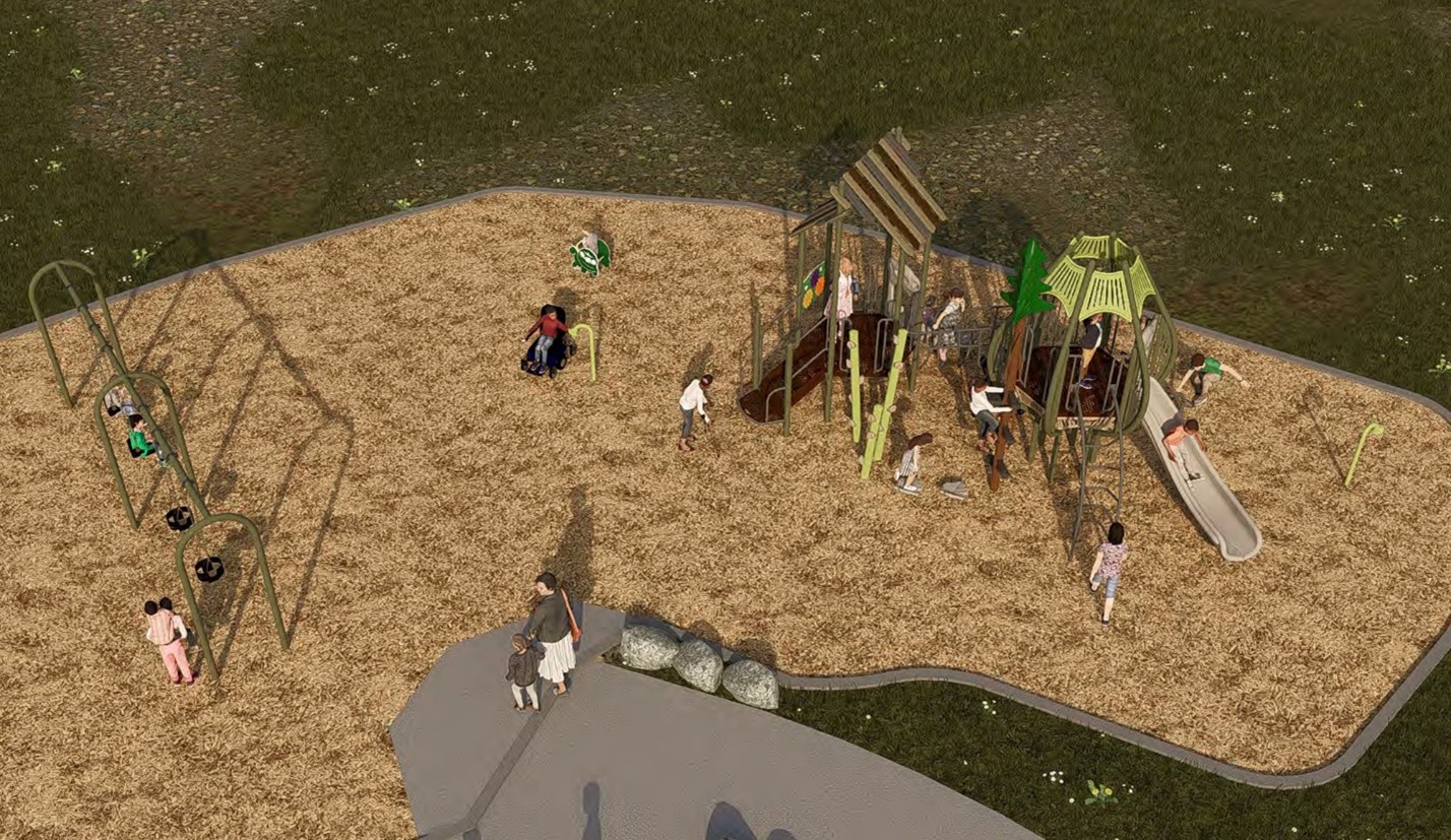 Rendering of playground Option B showing from left to right: a swingset, talk tube, spring toy, a medium all-ages play structure which includes two platform structures, a tree themed climber, and two slides.