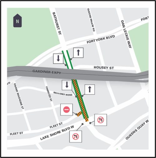 Map of work area for watermain replacement work on the north side of Bathurst Street through the intersection of Lake Shore Boulevard. For more information please contact Mark De Miglio at 416 395 7178 or email bathurstlakeshore@toronto.ca