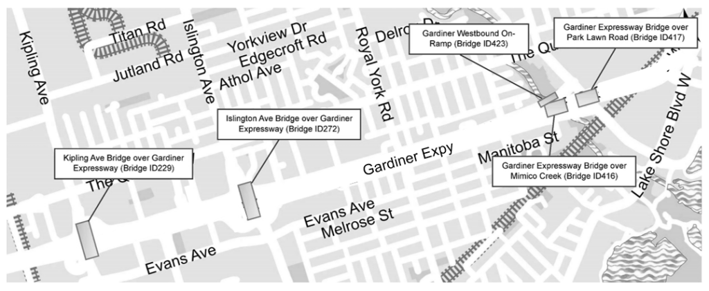 Map highlighting five bridges on or over the Gardiner Expressway between Kipling Avenue and Park Lawn Road where rehabilitation work is planned.