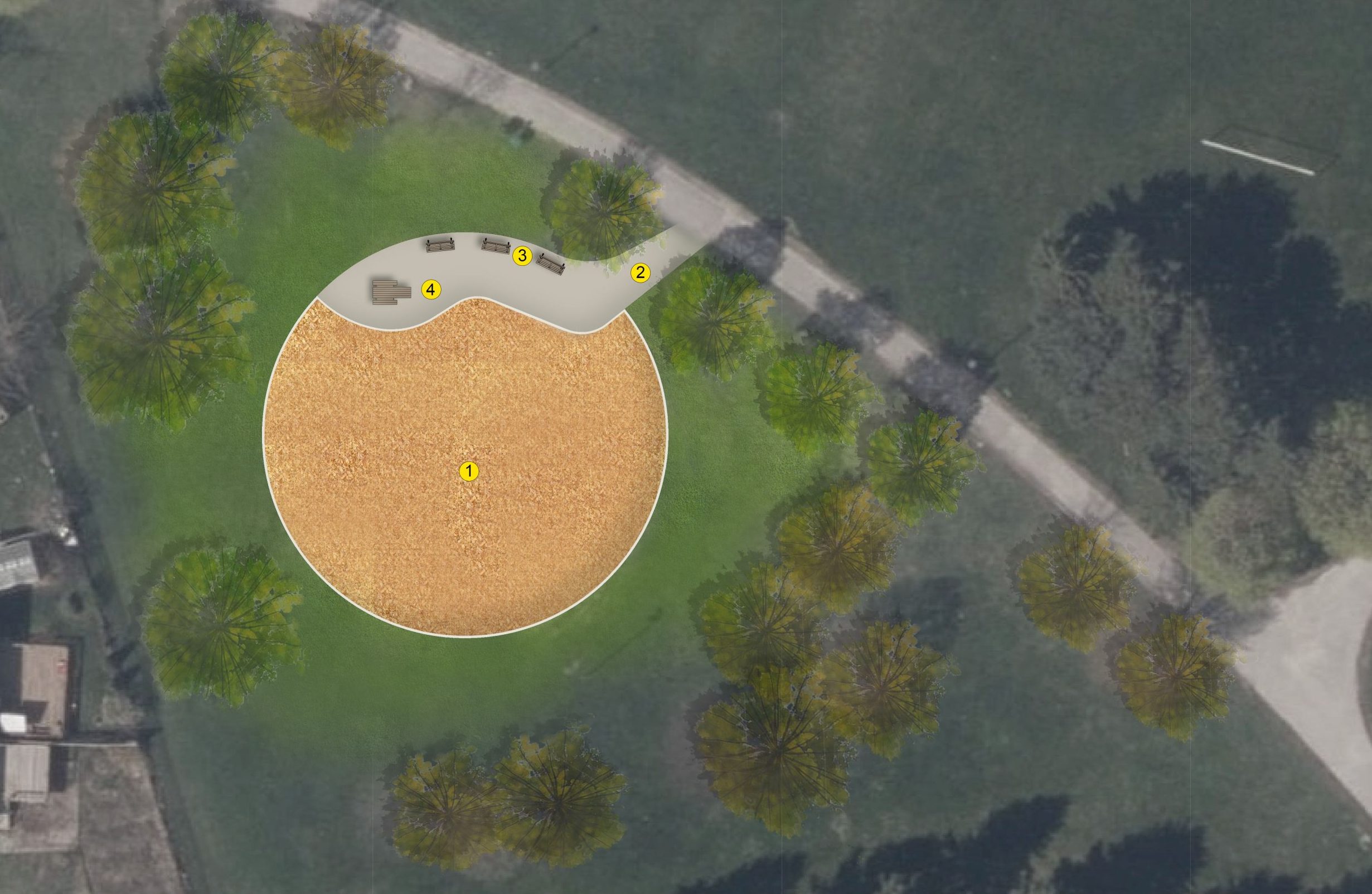 Plan view of the proposed playground area. The new area is a circular shape with a northeast connection to the main walkway. Three benches and one picnic table on concrete area to the north of the circle and the large area to the south is for play equipment.