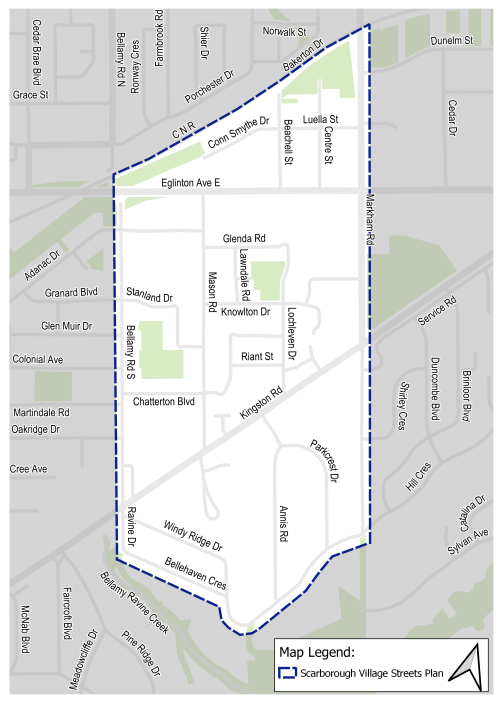Map of Scarborough Village Streets Plan project area. It is bound by Bellamy Road South to the west, Markham Road to the east, the CNR Railway to the north and and an area just south of Kingston Road, including Bellehaven Crescent and Hill Crescent south.​ 