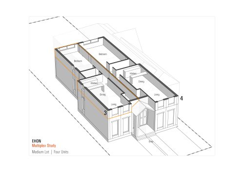 An illustration of a typical fourplex configuration, showing the potential layout of the second floor. 