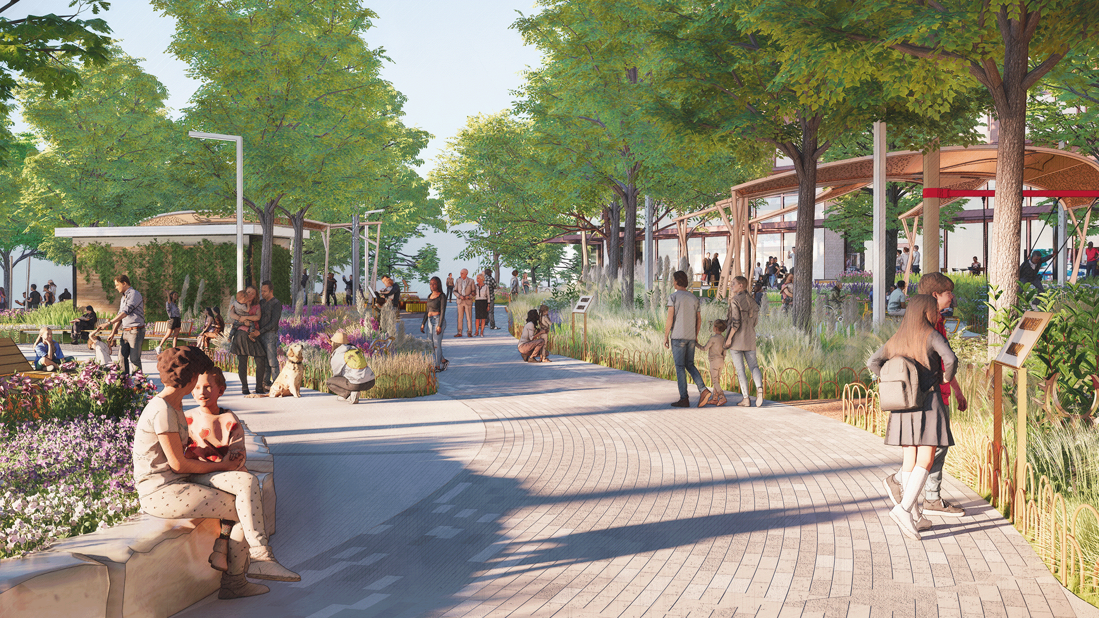 View at the junction between the creek path and pedestrian walkway with quiet pockets, looking towards west.
