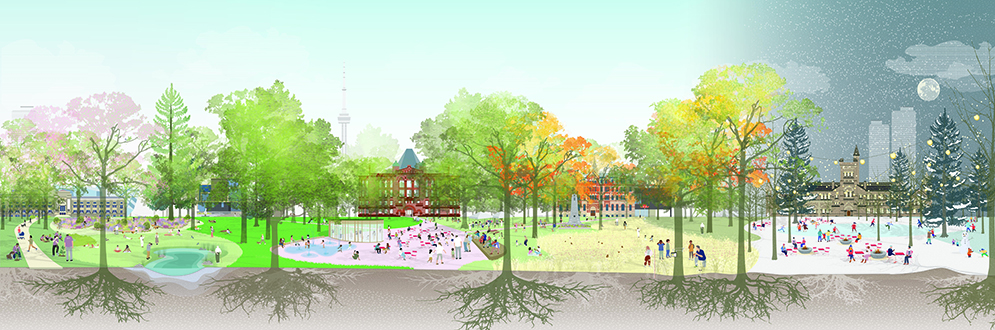 A long panoramic section of a park that shows four distinct seasons starting with spring on the left and ending at winter on the right. Visitors enjoy activities in various park settings during the day, transitioning to night in the winter scene. Se cultural buildings can be seen through the tree canopy in the back.