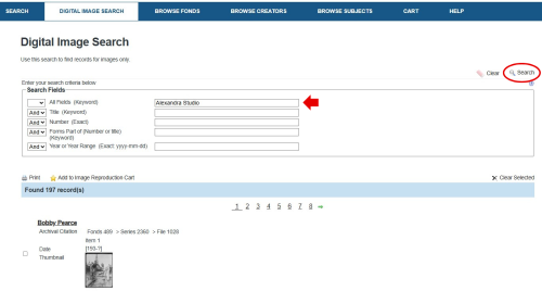 Screenshot of Archives' database digital image search interface