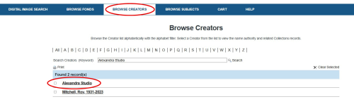 Screenshot of Archives' database Browse by Creator interface