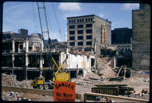 Colour photograph of demolition site