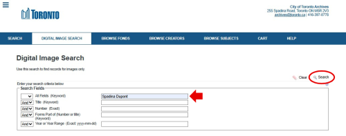 Screenshot of Archives' database Digital Image search interface