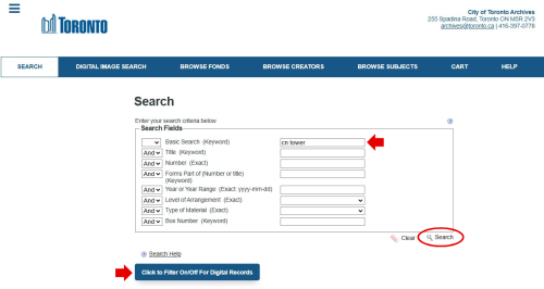 Screenshot of Archives' database search screen