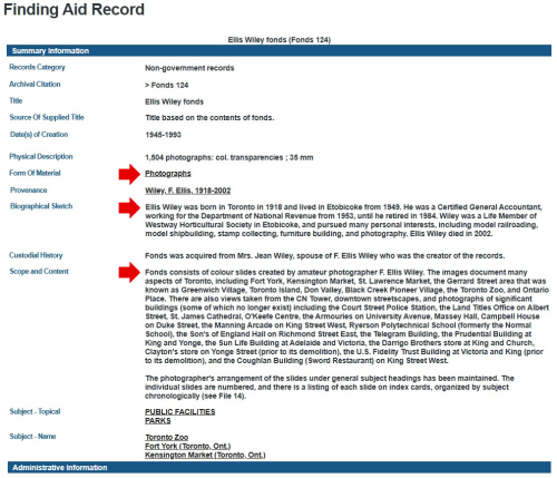 Screenshot of Archives' database finding aid record screen
