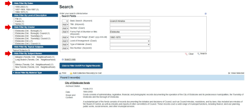 Screenshot of Archives' database advanced search