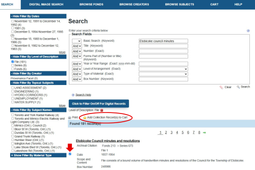 Screenshot of Archives' database cart interface