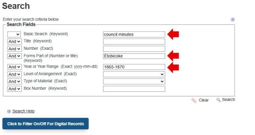 Screenshot of Archives' database advanced search