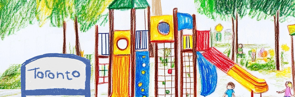 A childrens crayon drawing of a playgroud in a park with a sign that reads "Toronto" in front of it.