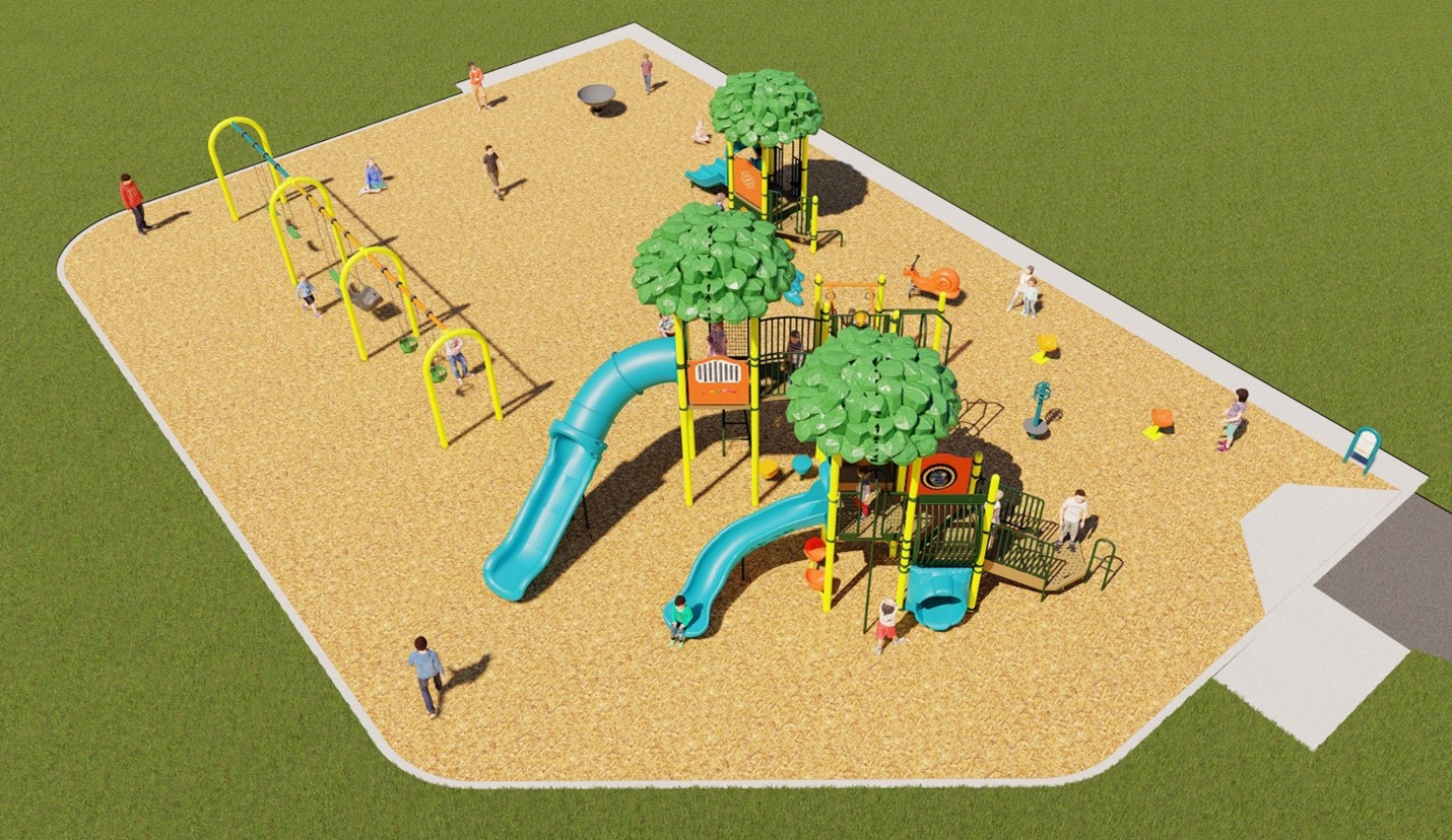 Aerial view of Playground Option C looking south-east. From bottom left to upper right: senior play structure, three spinners, one spring toy, swings, junior play structure, and group spinner.