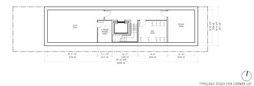 Basement floor plan by Dubbeldam Inc. Architecture + Design, of a four-storey missing middle development with a single stair and elevator core that allows for bicycle storage, storage and utility rooms below-grade.
