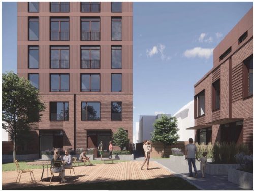 A rendering that shows the entrance of the building and the walkway leading to the open courtyard at the rear with outdoor amenities.