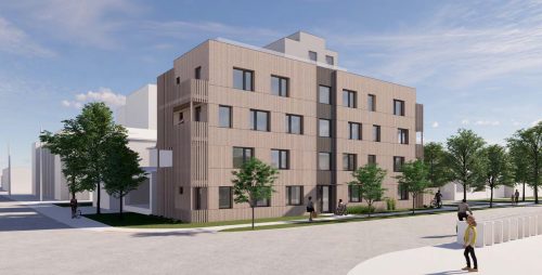 A 4-storey missing middle option designed by Dubbeldam Inc. Architecture + Design that creates a compact built form, with high performance windows and building envelope, low-carbon wood cladding, and photovoltaics on roof. 