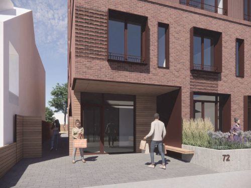 A rendering that shows the entrance of the building and the walkway leading to the open courtyard at the rear with outdoor amenities.