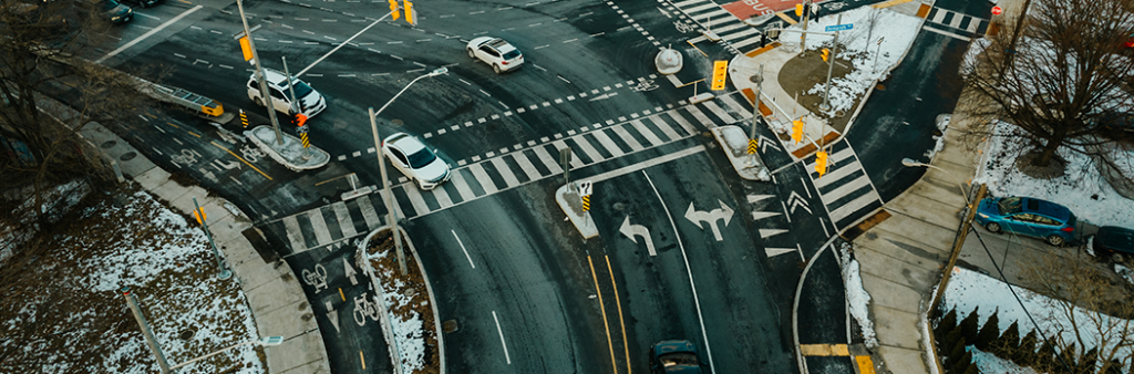 Overhead view of the Pape Avenue and Donlands Avenue intersection