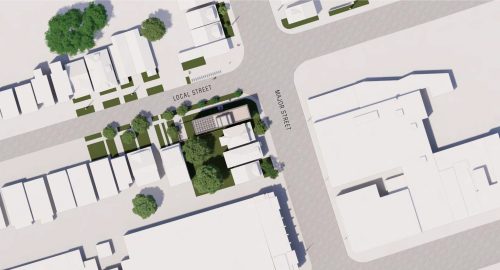 A rendering of a 4-storey missing middle development on a narrow corner lot in a Neighbourhoods context, facing a Local Street and a Major Street Local Street by Dubbeldam Inc. Architecture + Design. A corner lot in the City typically has two frontages facing public streets, with setback, building address and access, and landscaping conditions that differ from midblock lots.