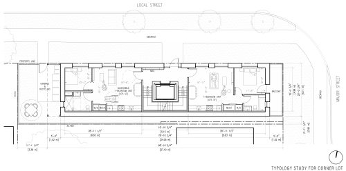 Ground floor plan by Dubbeldam Inc. Architecture + Design, of a four-storey missing middle development with a single stair and elevator core allows for accessible and barrier-free ground floor units.