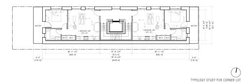 Upper storey floor plan by Dubbeldam Inc. Architecture + Design, of a four-storey missing middle development with a single stair and balconies. Layout allows for living and dining space with a single bedroom and bathroom and laundry access within each unit.