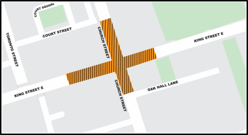 Map of work area extending along King Street and Church Street from south of Court Street to just north of Oak Hall Lane. Please contact Mark De Miglio at 416 395 7178 or email kingchurch@toronto.ca for more information.