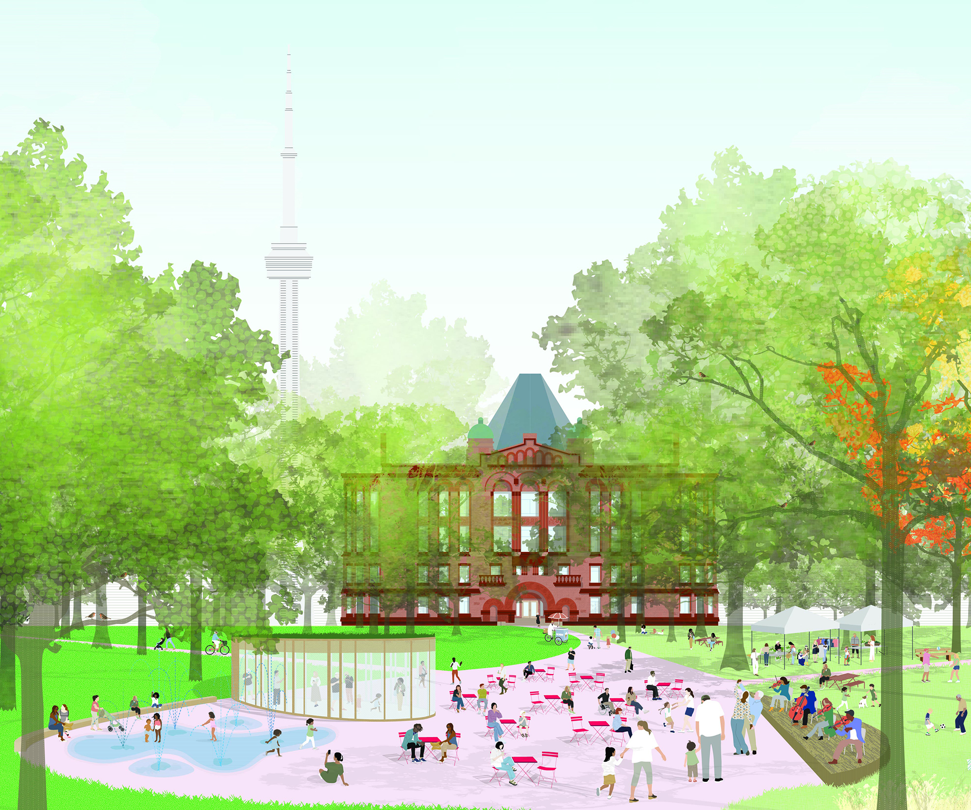 A crowd of people in a plaza within a park on a summer day. Children play in a water feature, a band plays on a small stage while an audience watches their performance. Moveable chairs and tables are scattered throughout. A small pavilion sits on the edge of the plaza. The north façade of the Ontario Legislature is visible through the trees in the back.