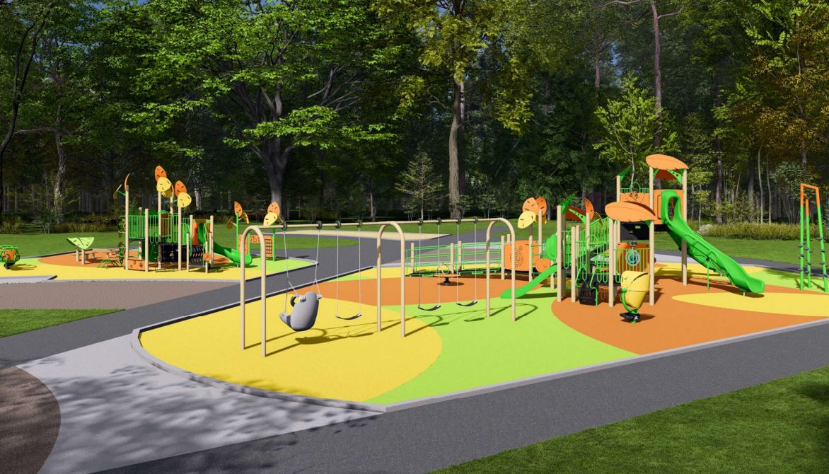 Rendering image of the new and improved playground looking from the southwest corner of the playground area.