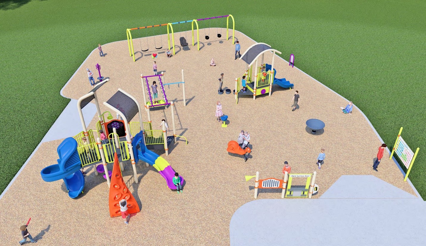 An aerial view of Playground Design C looking to the southwest from the northeast. From the lower left to the upper right, it includes a senior play structure, a play panel, spinner toys, a junior play structure, and a swing set.