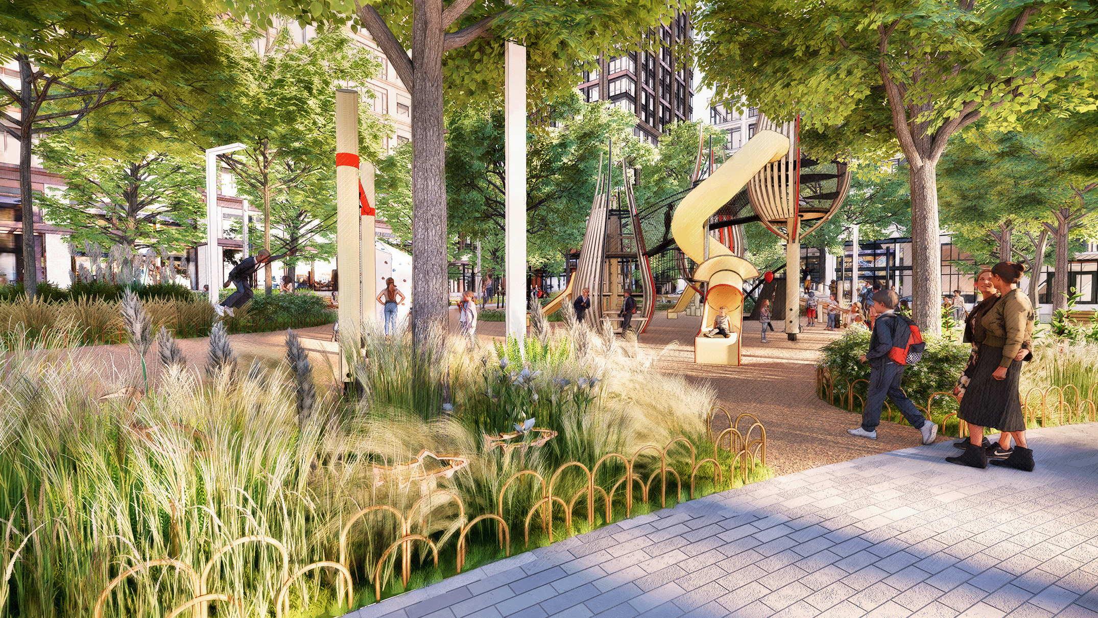 View looking northeast with playful critters in the planting bed and natural play area in the background.