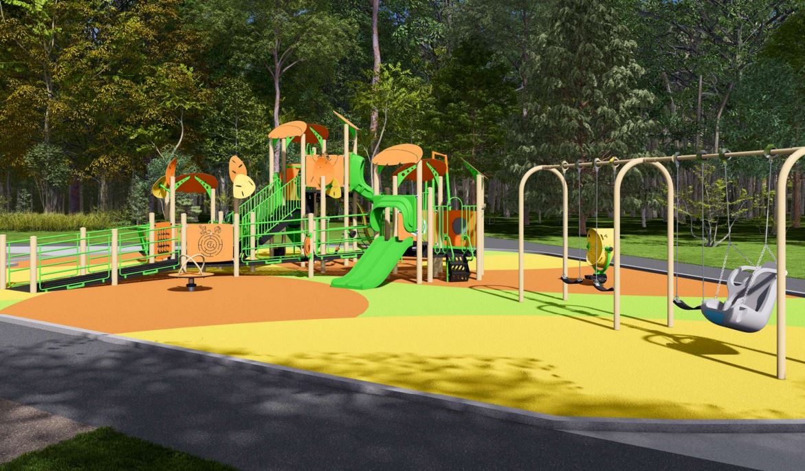 Rendering image of the senior play area looking northeast from the walking path.